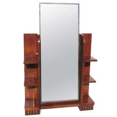 Art Deco Burled Wood Standing Cheval Mirror