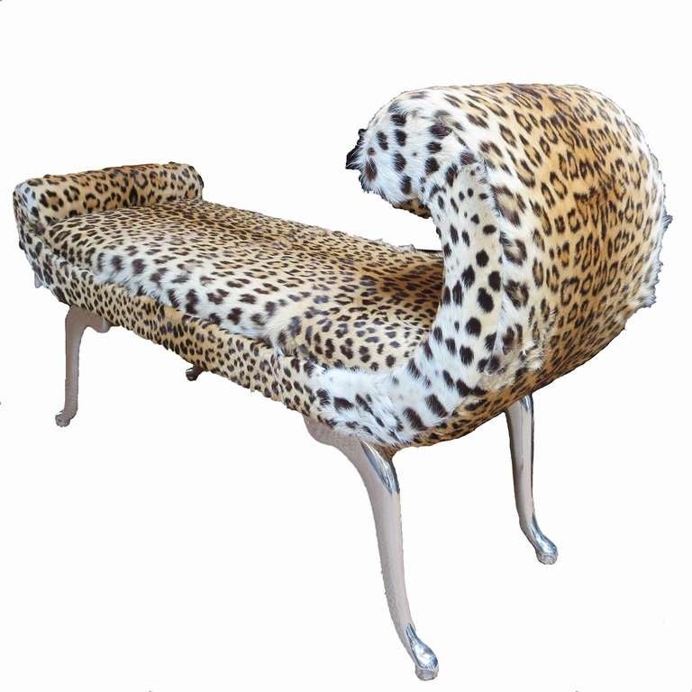 American Hollywood Regency Bench in Leopard and Aluminum