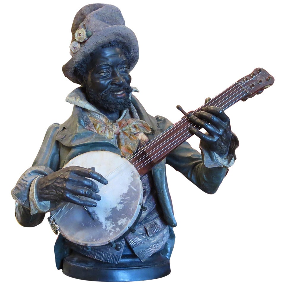 Goldscheider Polychromed Ceramic Minstrel with Banjo For Sale