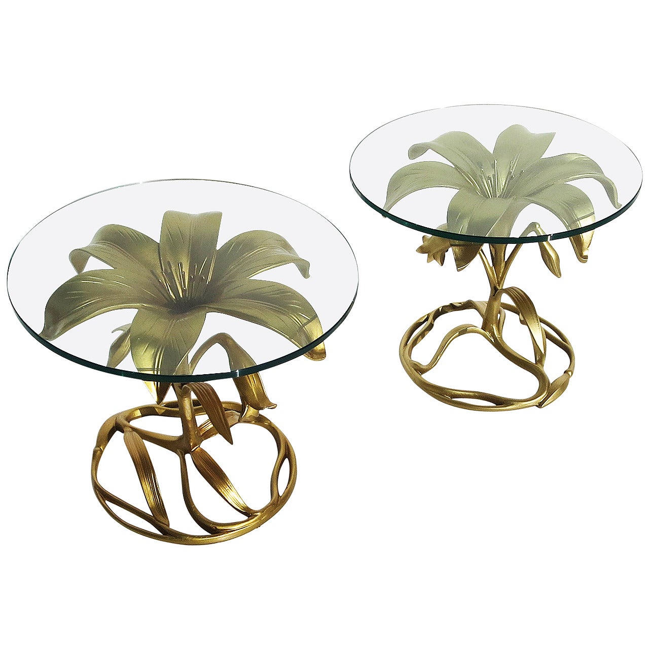 Gilded Metal "Lily" Flower Side Tables by Arthur Court