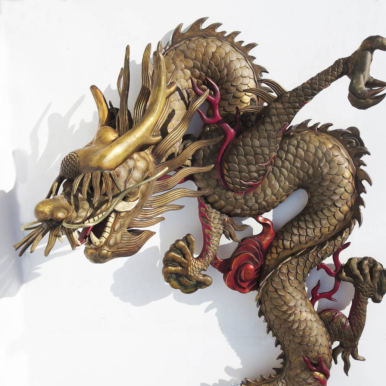 Chinese Grand Scale Carved Wooden Dragon Wall Hanging Sculpture