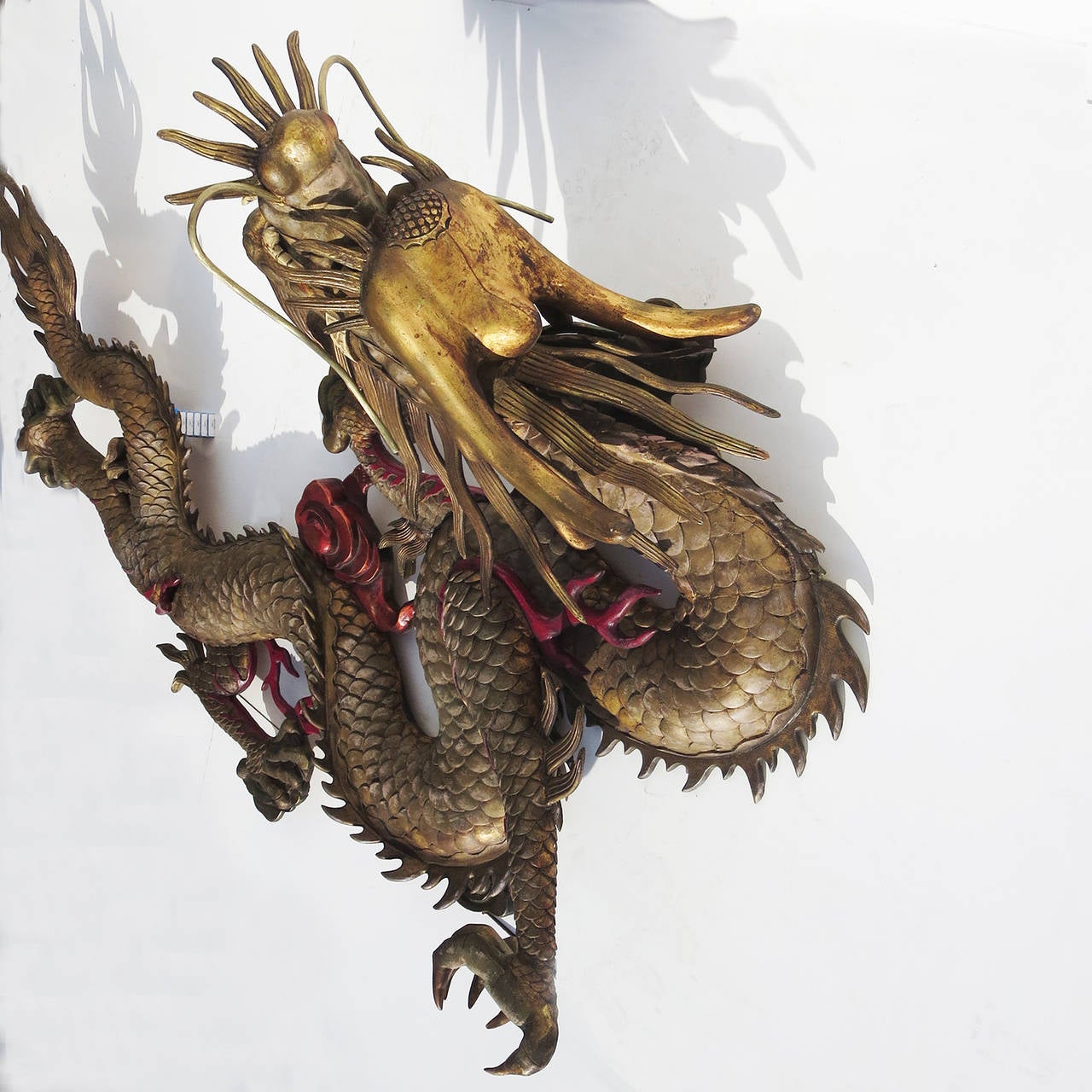 Mid-20th Century Grand Scale Carved Wooden Dragon Wall Hanging Sculpture