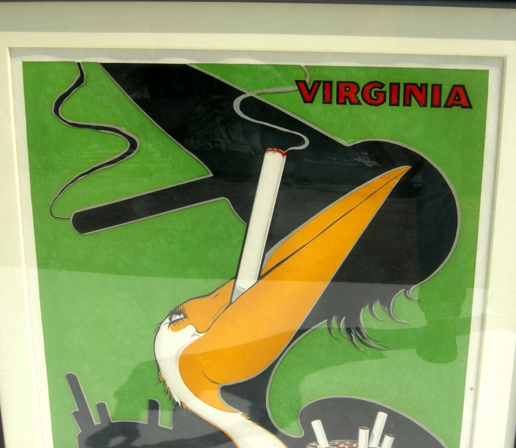 A great image, in super colors and fine condition. The bird certainly seems to be enjoying a good smoke in this French advertising poster, executed by the artist el Yray. The paper is in very nice original condition, with no splits, repairs, or