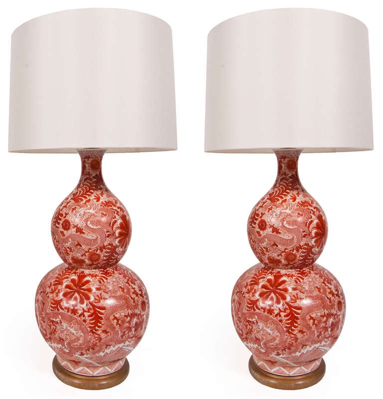 Pair of double gourd jars converted into lamps in the Ming Dynasty taste. Shades sold separately. Priced per pair.