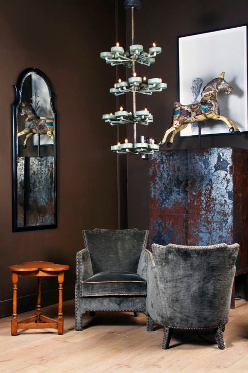 worn and rustic finish remaining untouched<br />
carved and constructed wood with glass, iron, and horse hair accents<br />
original paint and detailing, including leather bridle<br />
on newly-minted steel stands