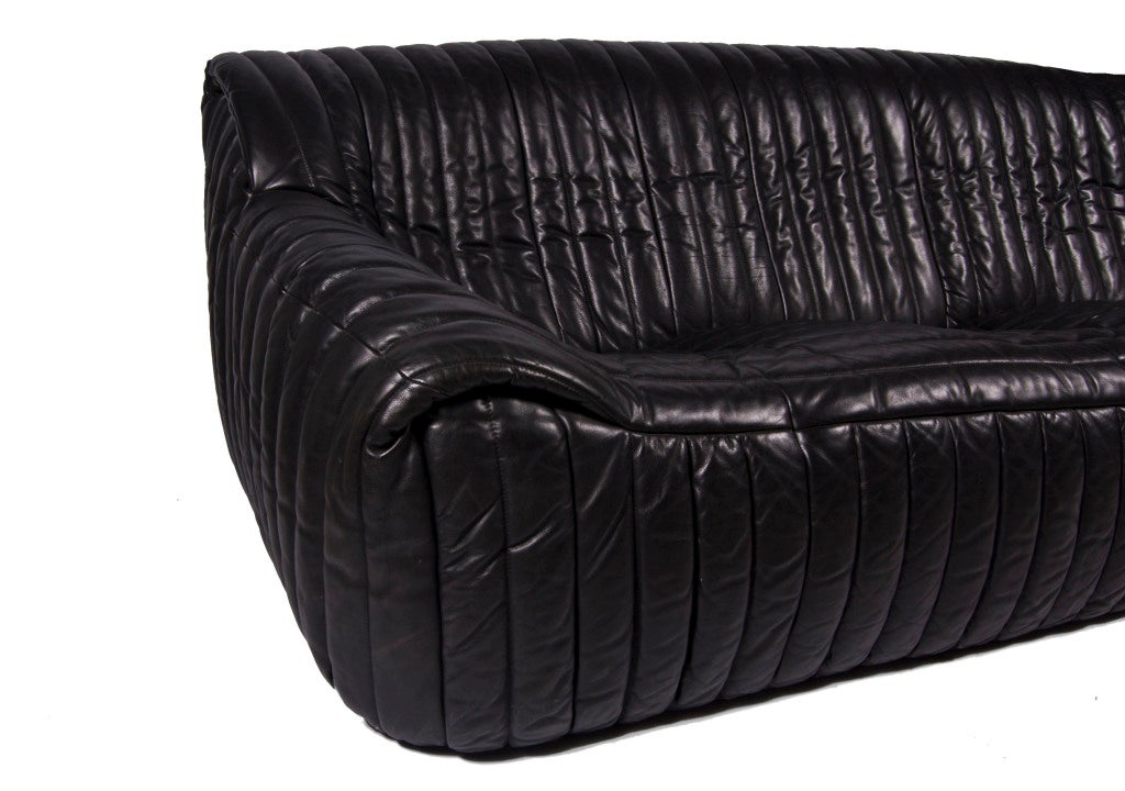 Black leather upholstered Ligne Roset three seater sofa designed by Cinna Annie Hieronimus in 1970s.