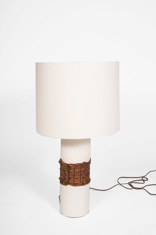 Genuine Crocadile leather wrapped around solid alder with ivory matte finish, solid bronze or brass with gold patina tube. Off white linen shade included. Custom options available.