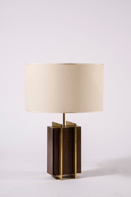 Pair of rectangular table lamps in steel with mahogany and brass stripes, shades included. Priced per pair.
