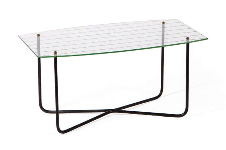 Cast glass top with parallel de-bossed lines with conical brass screws on x-form black lacquered base. Priced Individually. One available.

All Sales Final - No Additional Discount