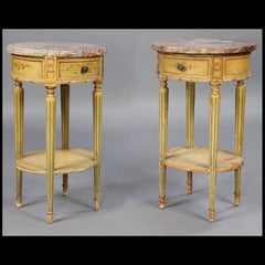 Pair of 19th Century painted decorated oval marble top one drawer stands
