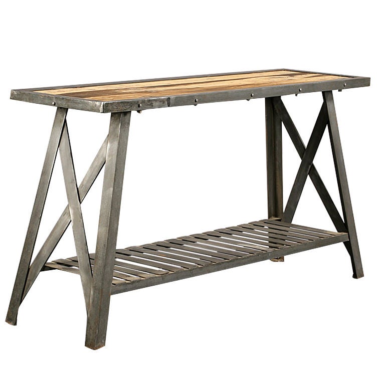 Industrial Steel and Wood Console Table with Banded Top