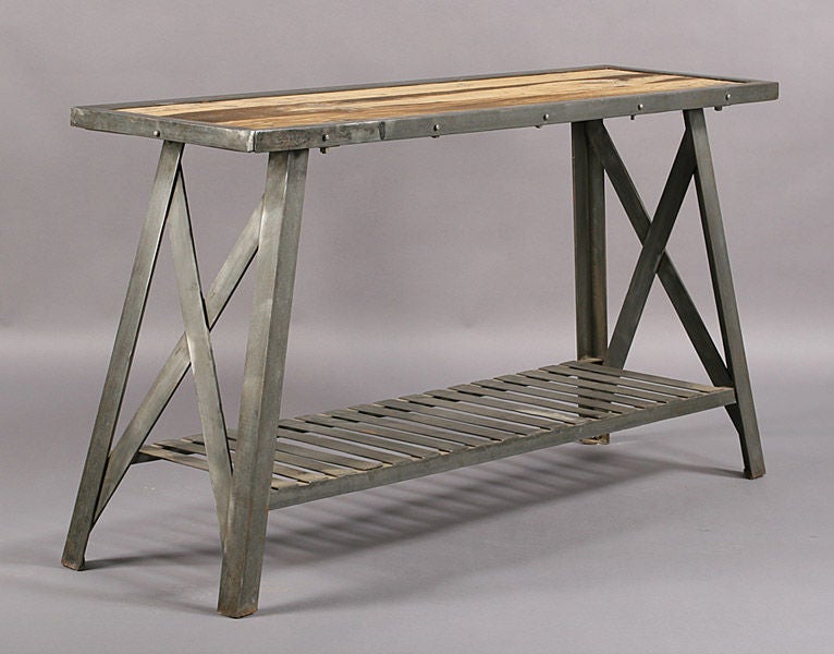 Industrial steel and wood console table with banded top over lower shelf supported on X-formed ends (also sofa table, work table, server).