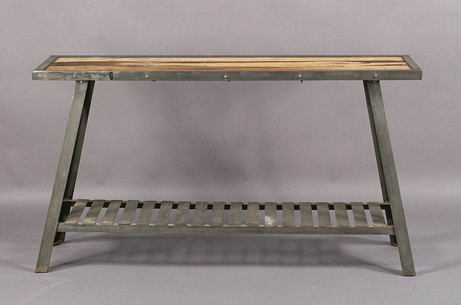 Unknown Industrial Steel and Wood Console Table with Banded Top
