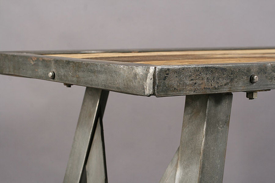 Industrial Steel and Wood Console Table with Banded Top In Excellent Condition In San Francisco, CA