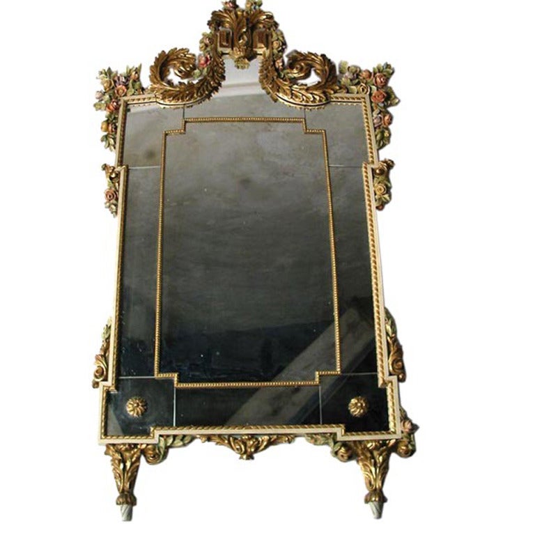 19th Century  Polychrome Italian Carved Wood Mirror