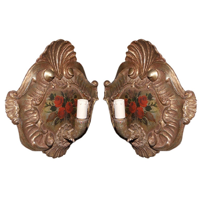 ON SALE  Sconces Carved Wood Siver Gilt Polychrome Pair Rewired For Sale
