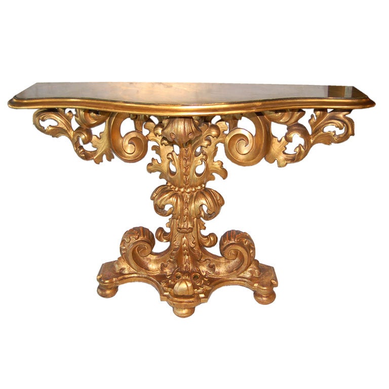 Early 1800s Italian Gold Giltwood Console with Faux Marble Top