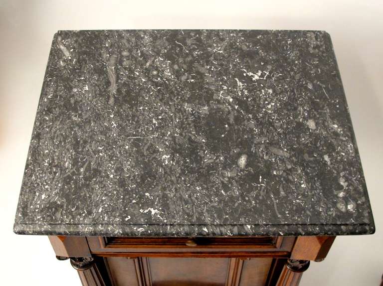 Marble topped, carved walnut, night tables or bedside commodes, probably Austrian circa 1880s.