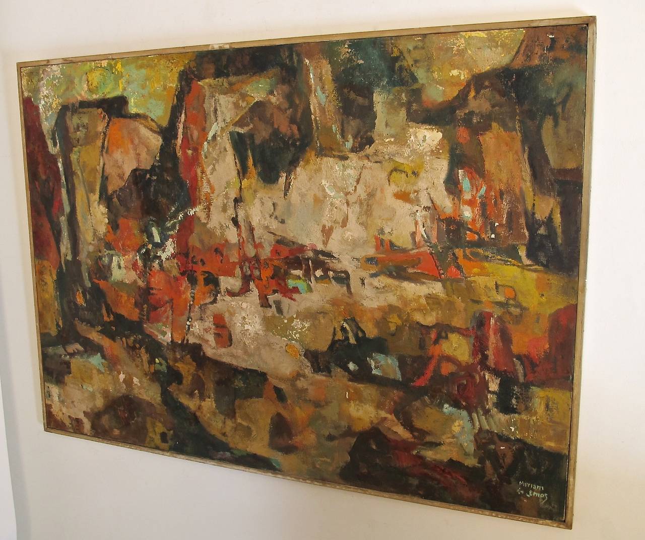 A large abstract oil on canvas by California artist Mariam de Lemos (b. 1895-d.1968), titled 