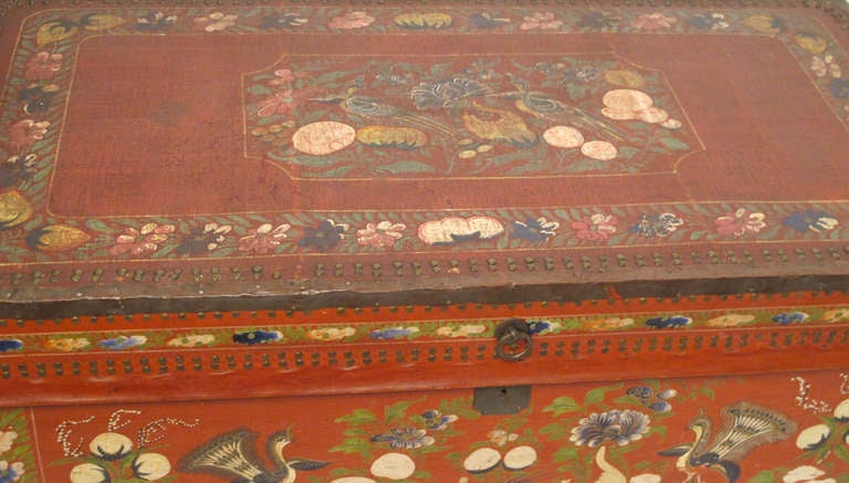 19th Century China Trade Painted Leather Trunk 2