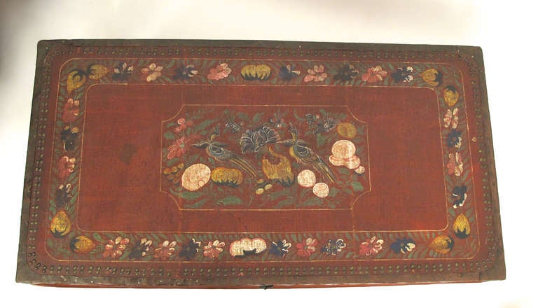 19th Century China Trade Painted Leather Trunk In Excellent Condition In San Francisco, CA
