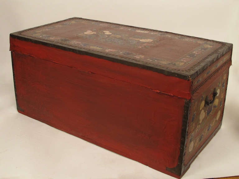 Chinese 19th Century China Trade Painted Leather Trunk