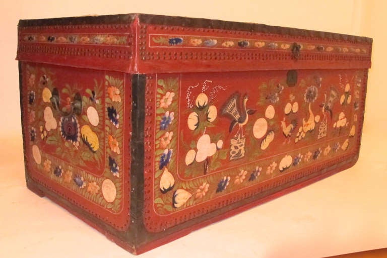 19th Century China Trade Painted Leather Trunk 3
