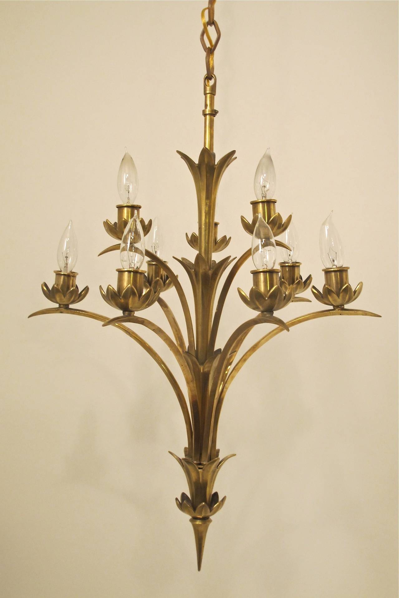 Art Moderne period brass ceiling light of exceptional design. Newly re-wired, holds chandelier size light bulbs. European, 1930's.