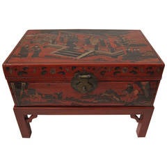 Antique Chinese Red Lacquered Pigskin Trunk