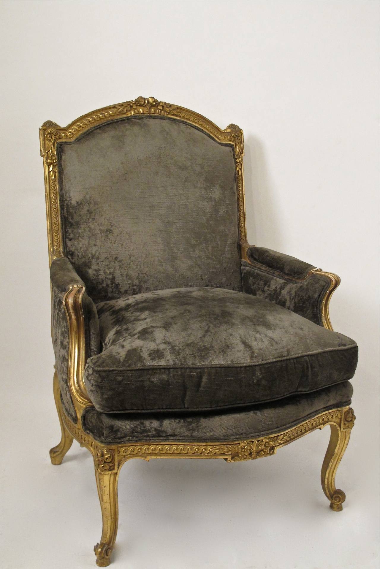 Well proportioned gilt and hand carved bergere chair with cotton velvet upholstery and with raised carved floral detailing on the backrest and legs. Frame is strong and tight, upholstery is in good condition, gilt finish showing signs of wear and