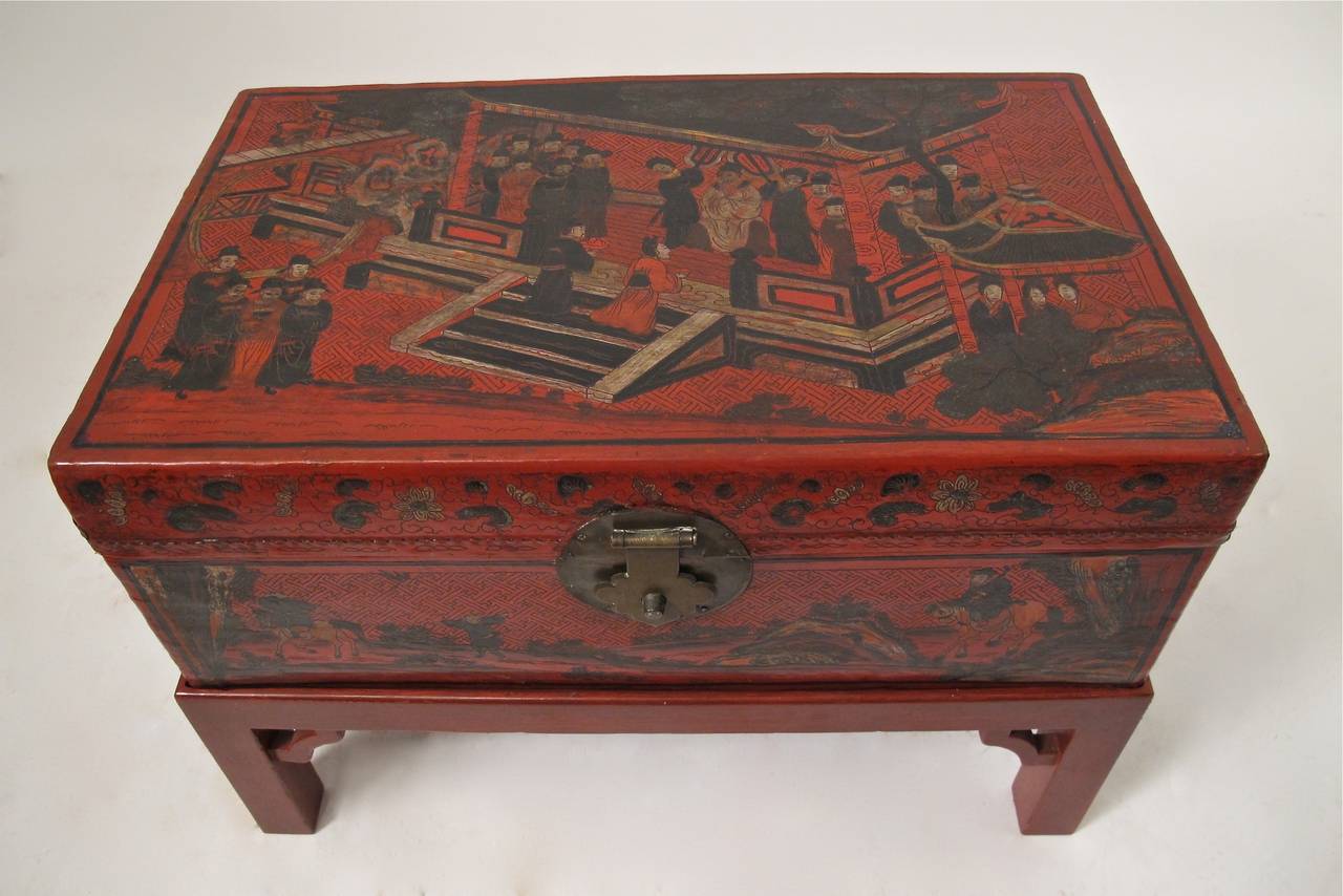 Chinese Red Lacquered Pigskin Trunk In Good Condition In San Francisco, CA