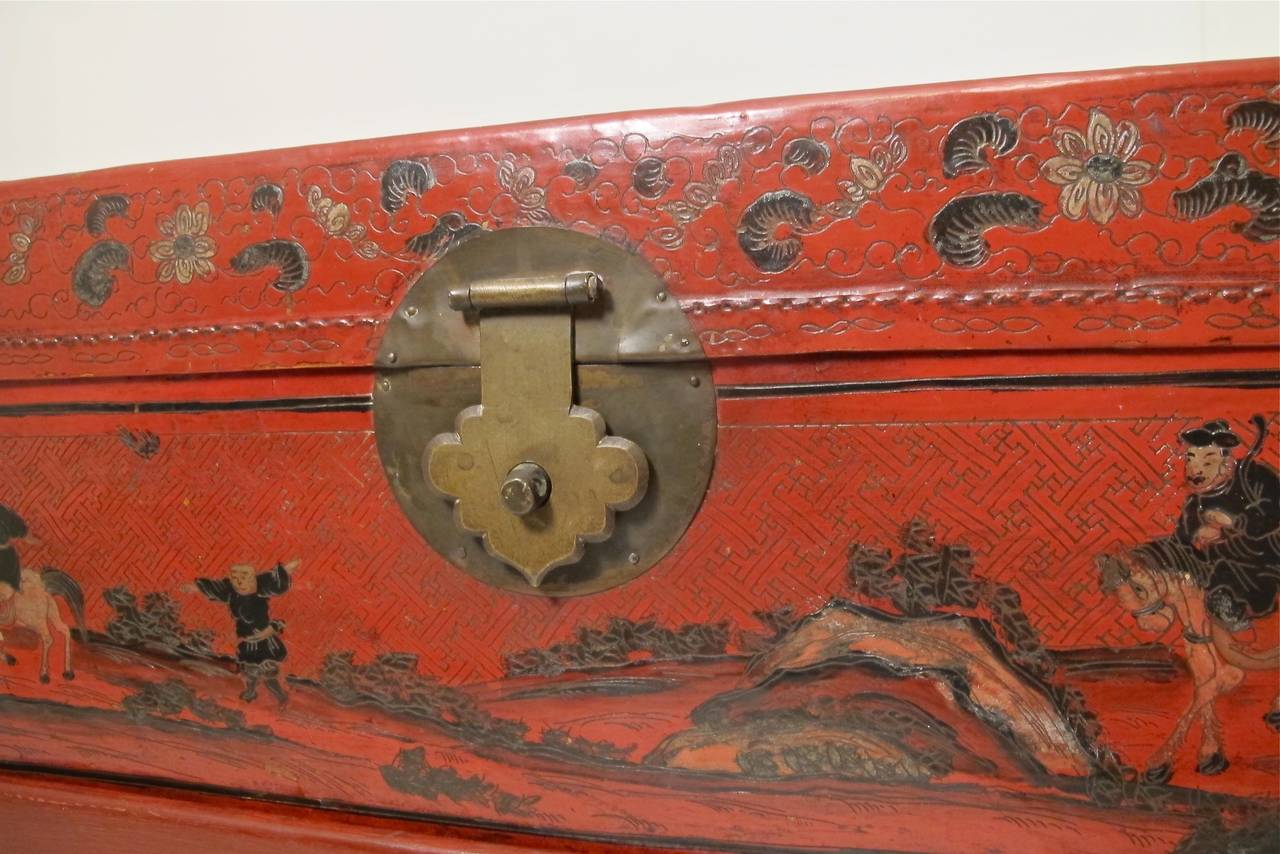 19th Century Chinese Red Lacquered Pigskin Trunk
