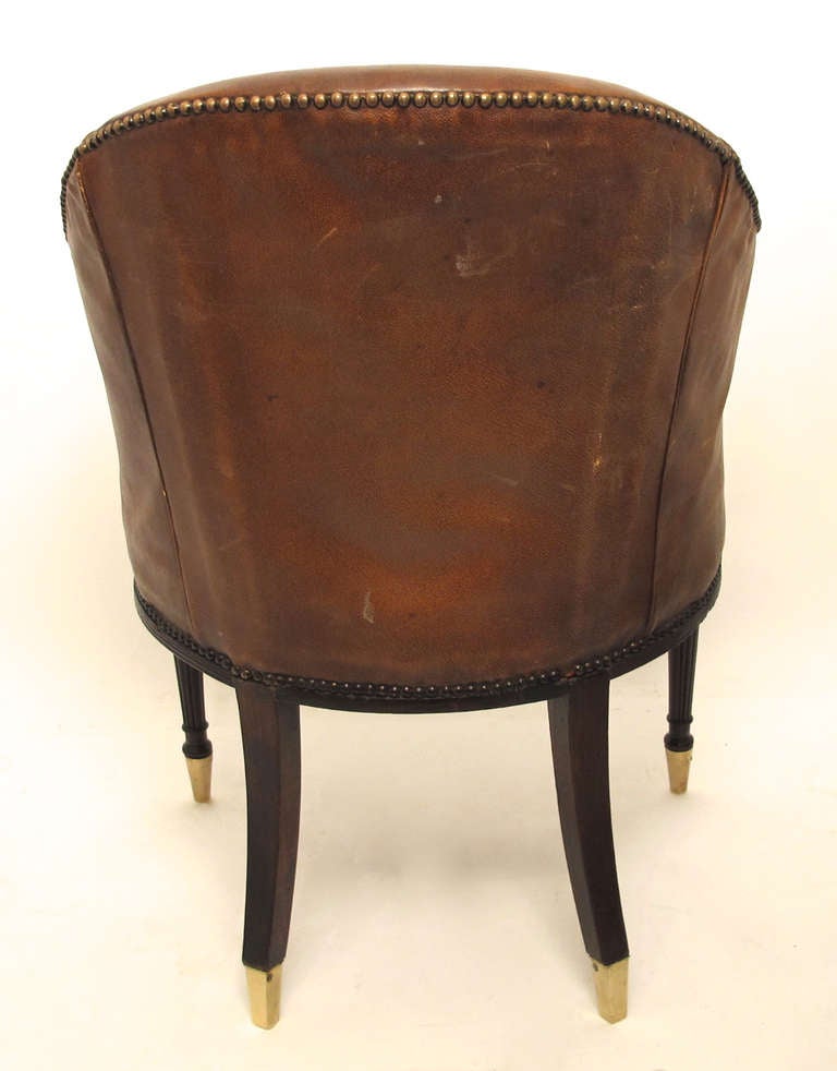 19th Century Leather And Mahoghony Barrel Back Library / Desk Chair
