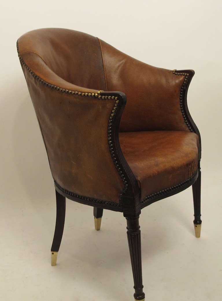 Leather And Mahoghony Barrel Back Library / Desk Chair 2