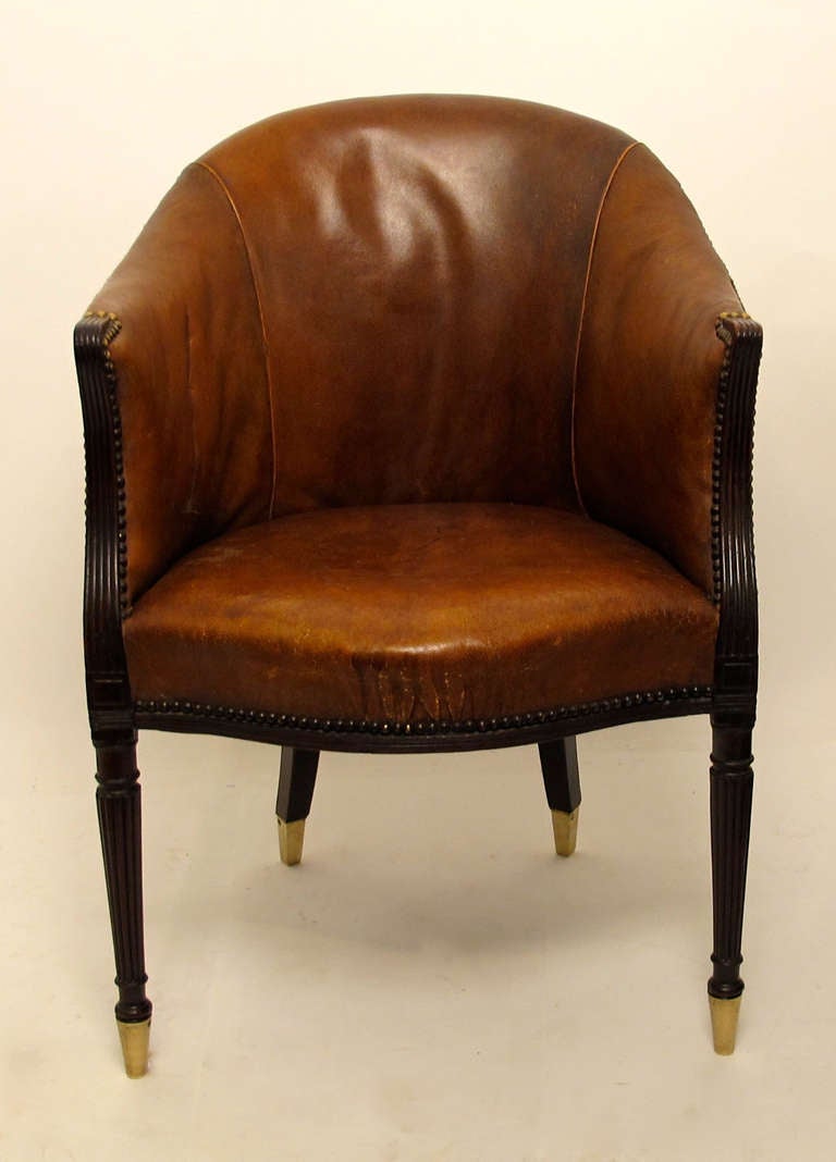 British Leather And Mahoghony Barrel Back Library / Desk Chair