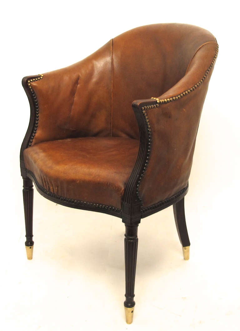 Leather And Mahoghony Barrel Back Library / Desk Chair In Good Condition In San Francisco, CA