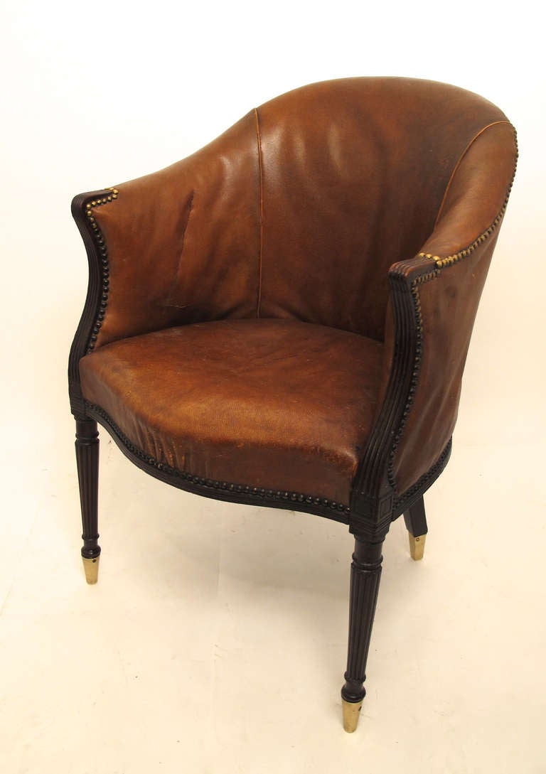 George III Leather And Mahoghony Barrel Back Library / Desk Chair
