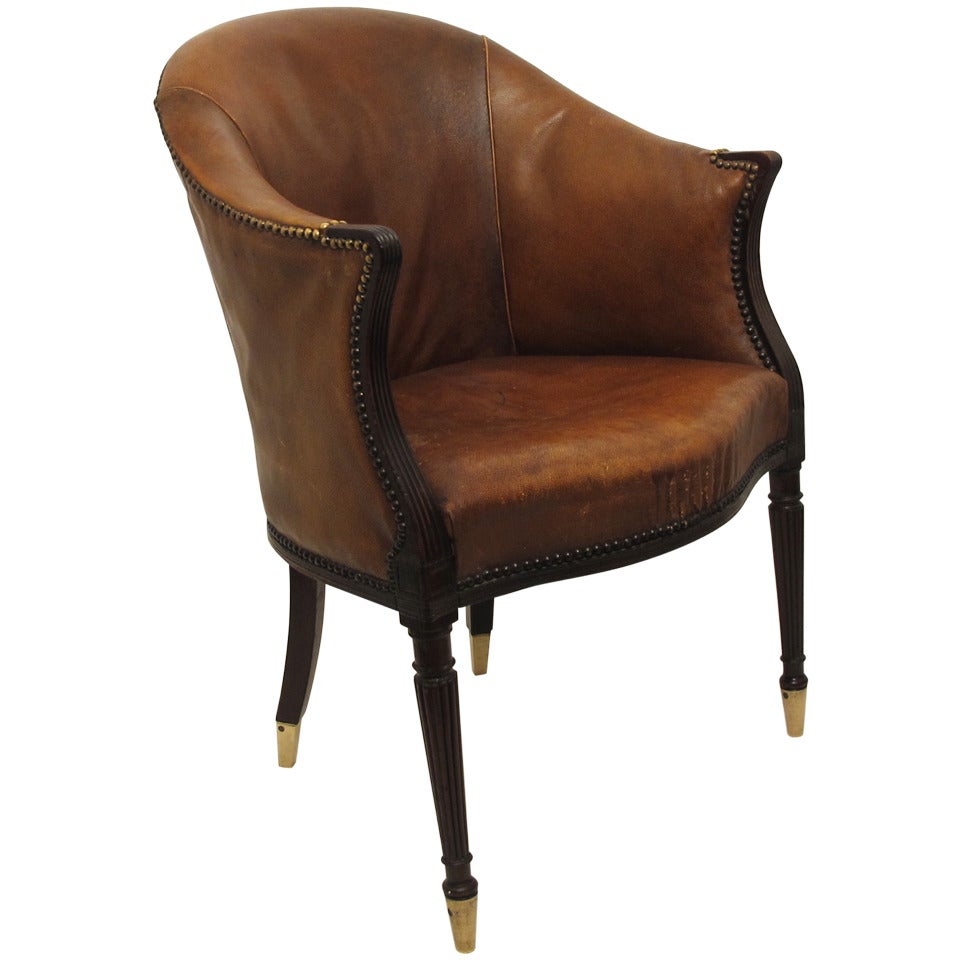 Leather And Mahoghony Barrel Back Library / Desk Chair