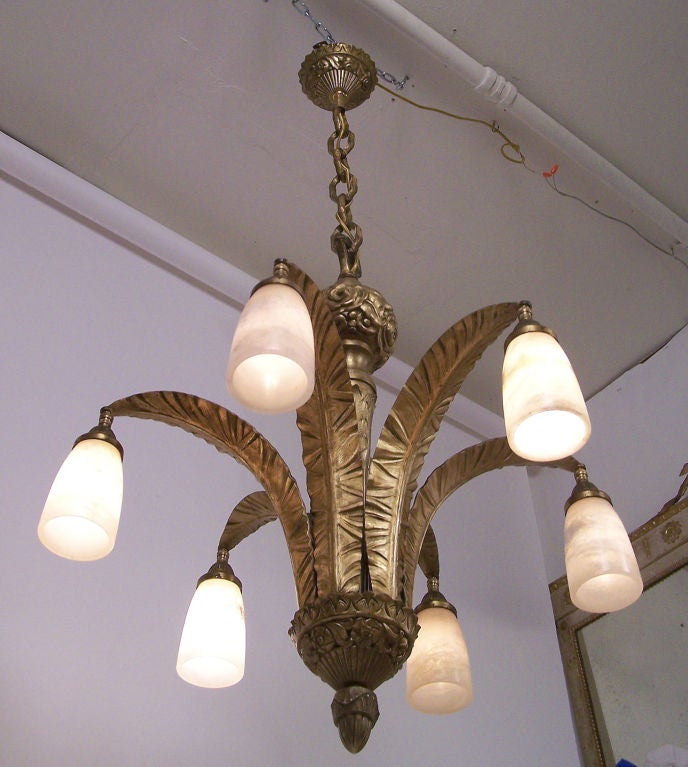 French Art Deco Bronze and Alabaster Light Fixture, European Early 20th Century
