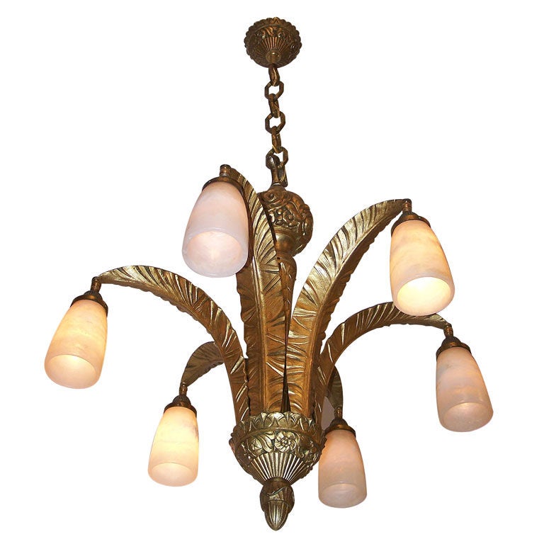 Art Deco Bronze and Alabaster Light Fixture, European Early 20th Century