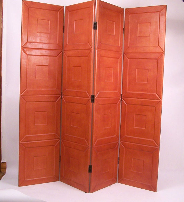 Hollywood Regency style four panel screen. Custom made, double sided and covered in a gorgeous shade of orange leather.