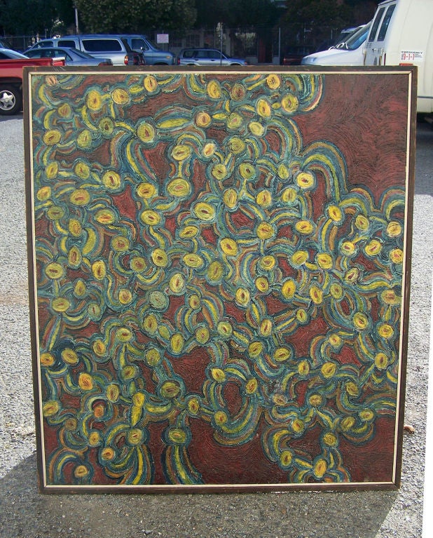 Large painting titled "Molecular Movement" by Roland Hall (born 1934, San Francisco).The paint is heavily applied to the canvas creating a very interesting textured surface. We have some minor documentation with this painting, and this