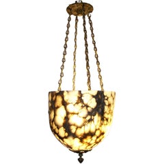 Large Hand-Carved Alabaster Light Fixture with Antique Bronze Hardware