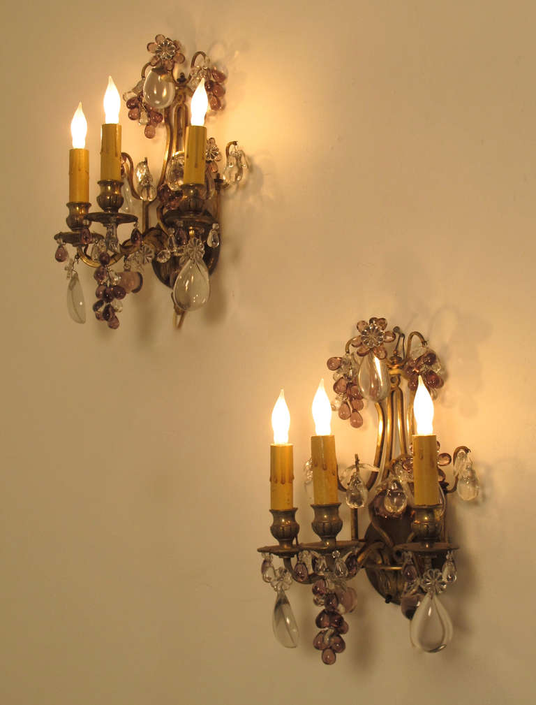 French Amethyst Glass And Brass Wall Sconces 3
