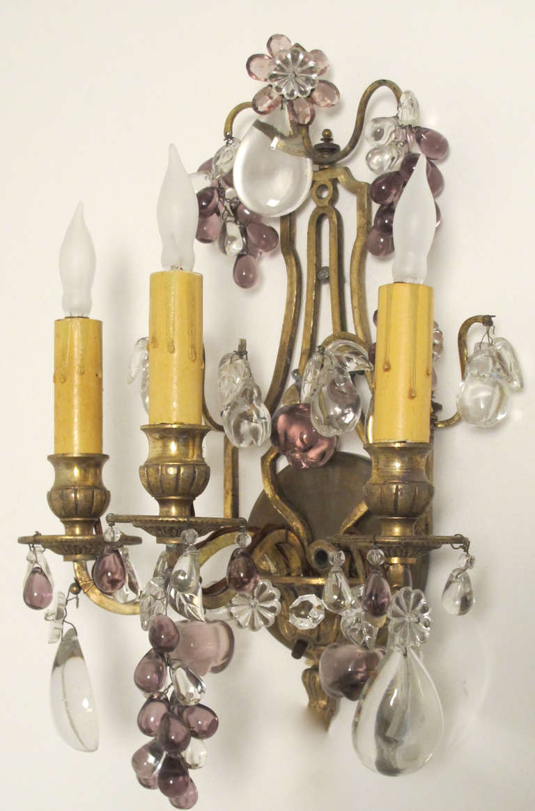 French Amethyst Glass And Brass Wall Sconces 2