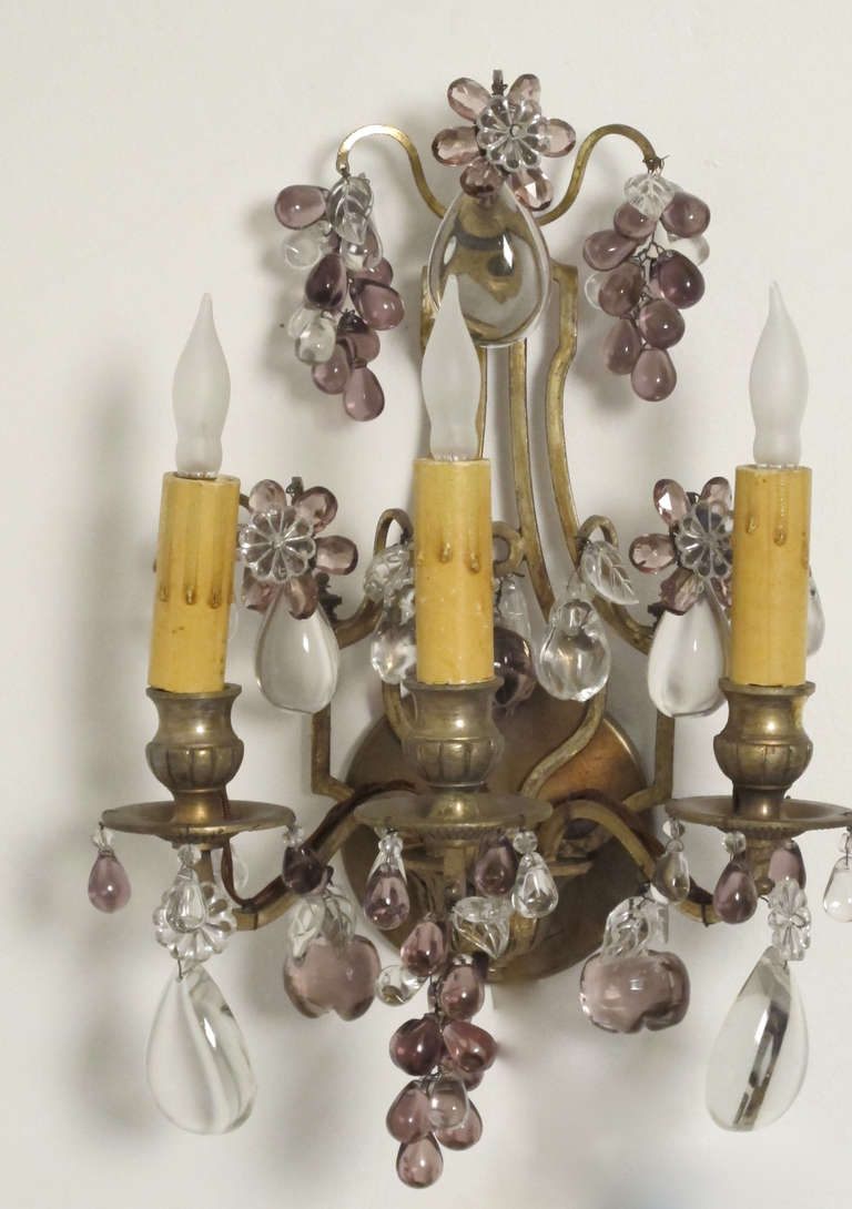 French Amethyst Glass And Brass Wall Sconces 1