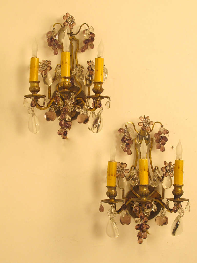 French Amethyst Glass And Brass Wall Sconces In Excellent Condition In San Francisco, CA