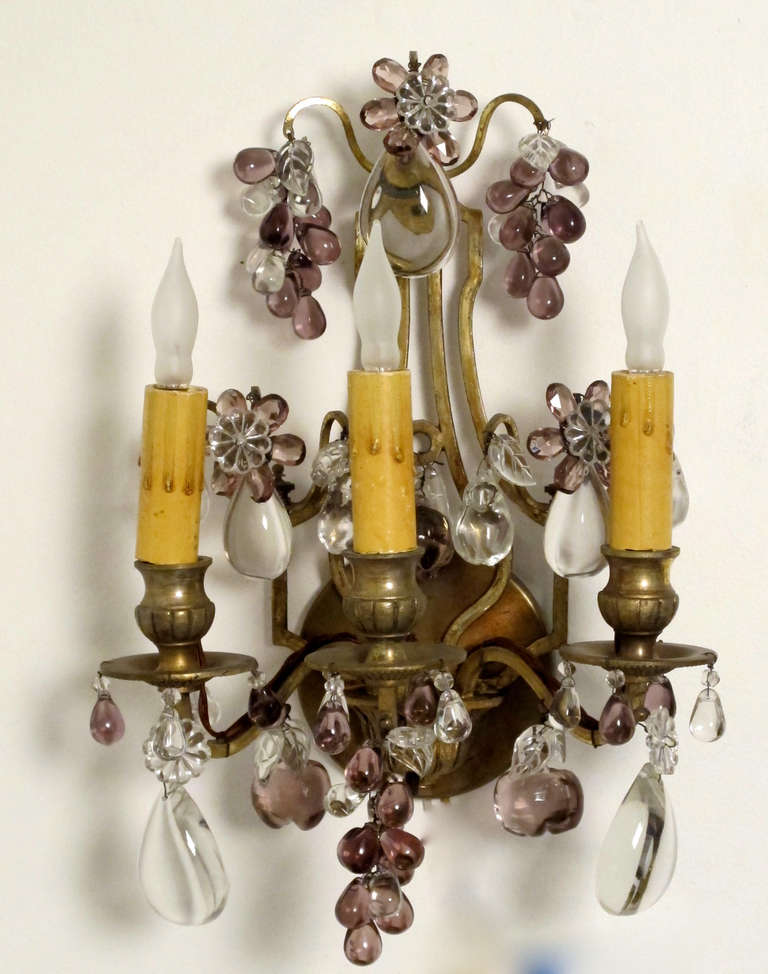 20th Century French Amethyst Glass And Brass Wall Sconces