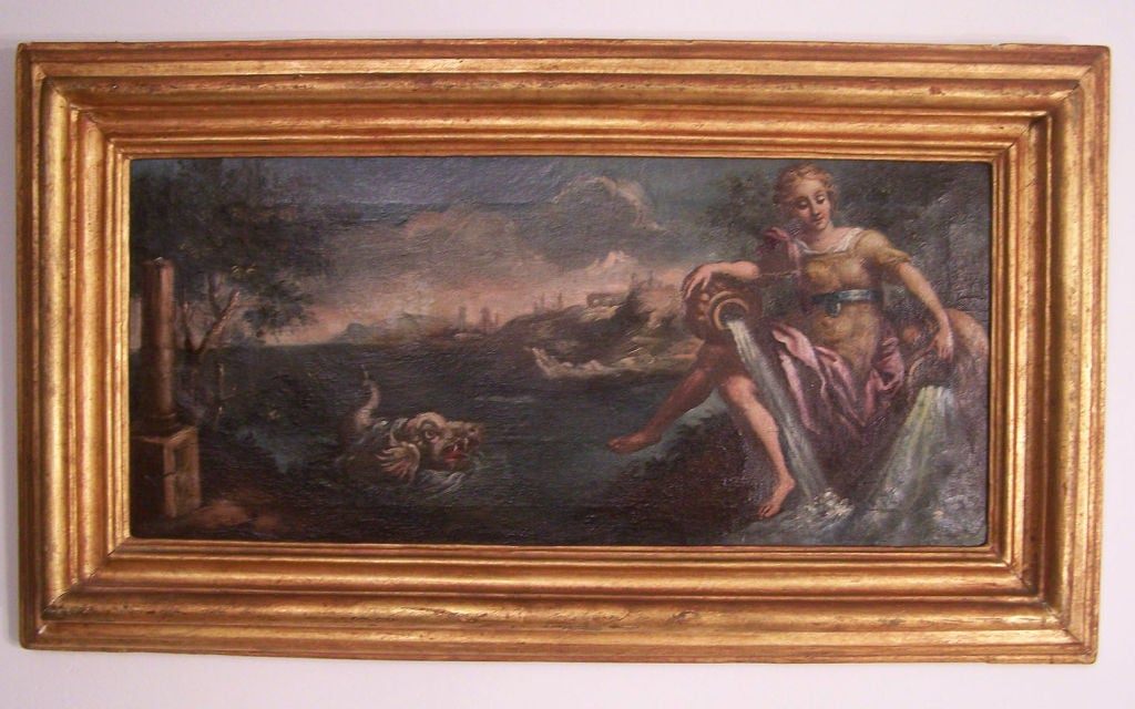 Beautifully painted early 18th century (possibly 17th century) oil on canvas of a maiden and a serpent in original giltwood frame. Possibly this is a fragment of a larger painting (unsigned).