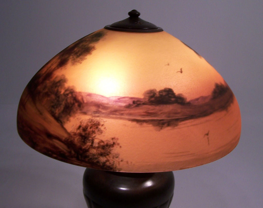 American Craftsman Bronze Lamp Base with Hand Painted Handel Lamp Shade